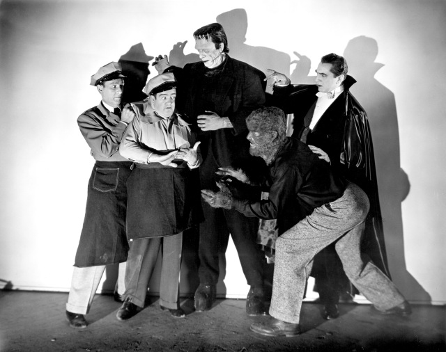 Bud Abbott, Lou Costello, Glenn Strange, Lon Chaney, Jr., and Bela Lugosi in ABBOTT AND COSTELLO MEET FRANKENSTEIN, 1948.